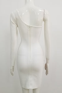 Vestido de bandagem bodycon de renda branca com um ombro e manga comprida