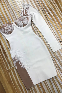 Vestido de bandagem bodycon de renda branca com um ombro e manga comprida