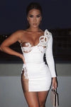 White One-Shoulder Long Sleeved Lace Bodycon Bandage Dress