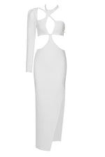 White One Shoulder Long Sleeved Hollow Out High-Split Bandage Dress
