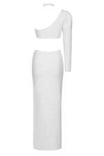White One Shoulder Long Sleeved Hollow Out High-Split Bandage Dress