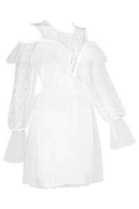 White Round Neck Lace Hollow Long Sleeve Ruffled Mini Dress - IULOVER