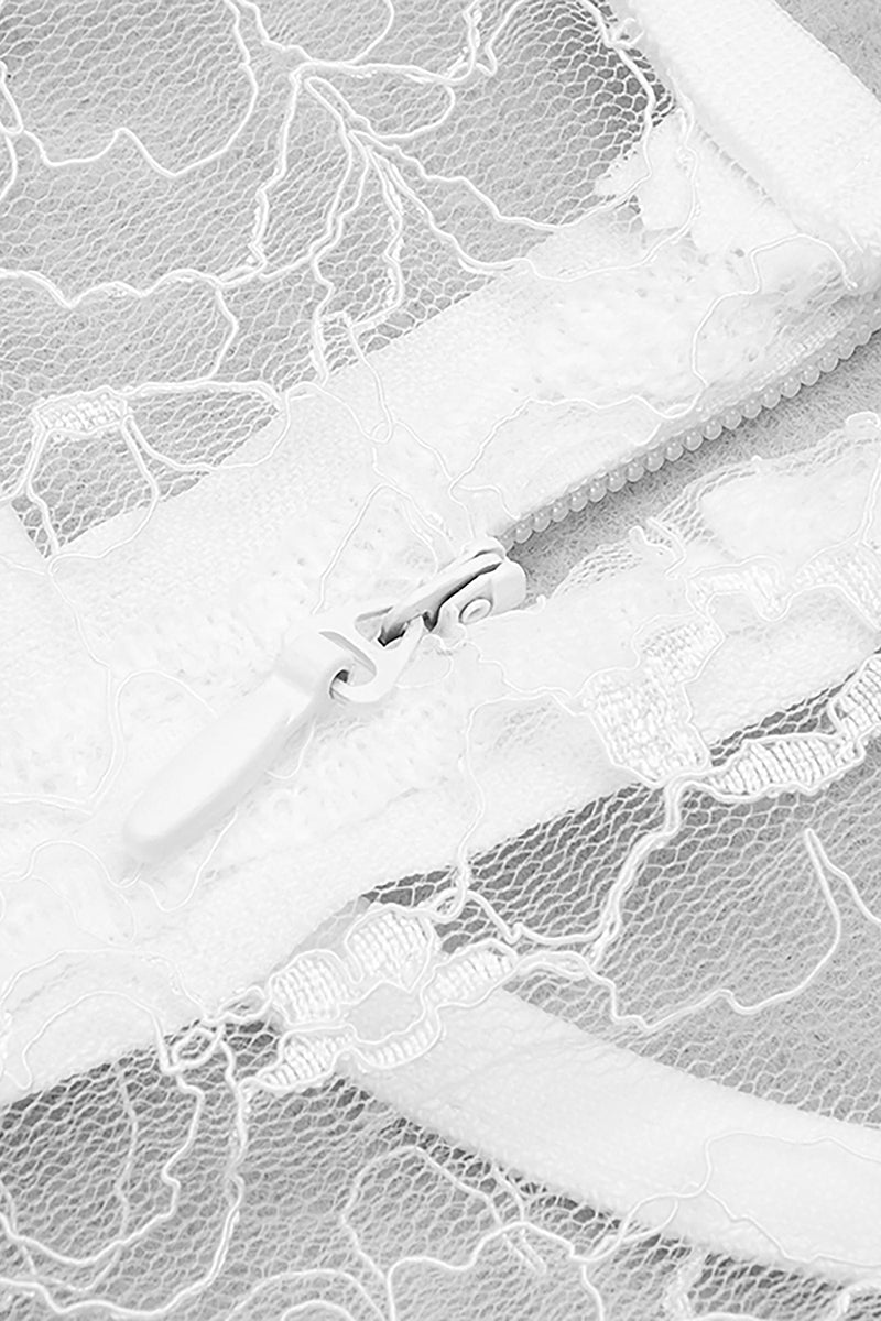White Round Neck Lace Hollow Long Sleeve Ruffled Mini Dress