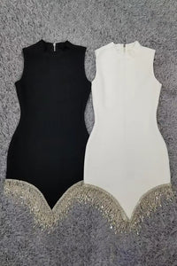 Black Sleeveless O-Neck Diamond Tassel Mini Bandage Dress