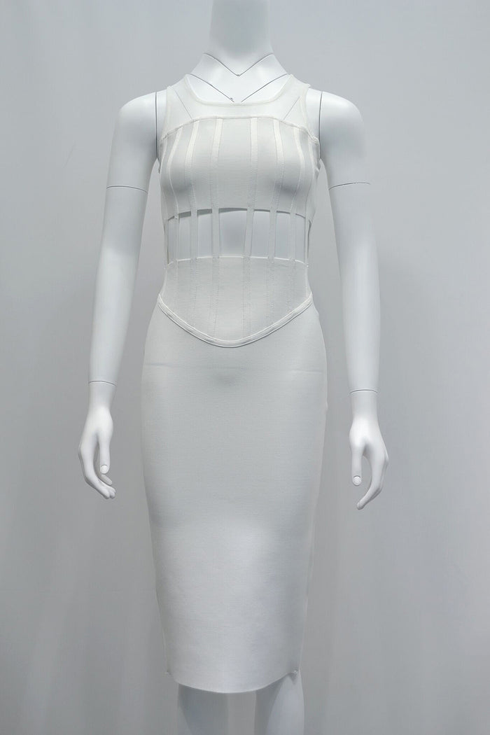 White Square Collar Hollow Out Mesh Bandage Dress