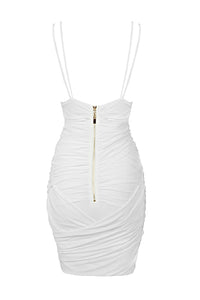Strappy Deep V Ruched Mesh Mini Dress In White Brown