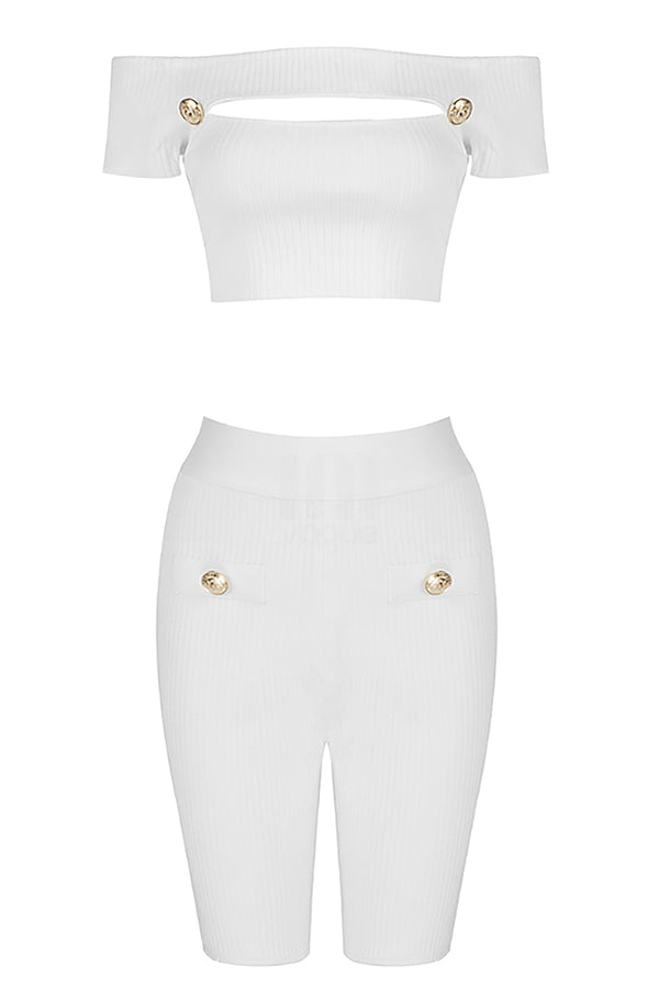 White Two-Piece Bandage Button Hollow Short Top High Waist Pants - IULOVER