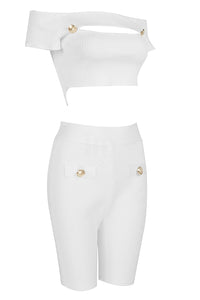 White Two-Piece Bandage Button Hollow Short Top High Waist Pants - IULOVER