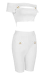 White Two-Piece Bandage Button Hollow Short Top High Waist Pants