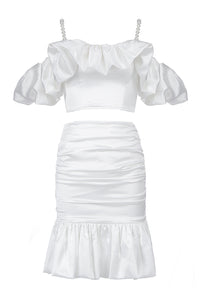 White Two Pieces Set Crop Tops Trumpet Skirts - IULOVER