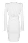 White V-neck Long Sleeve Lrregular Draped Dress - IULOVER