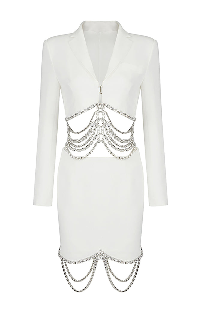 White Black V-neck Rhinestone Tassel Two-Piece Suit