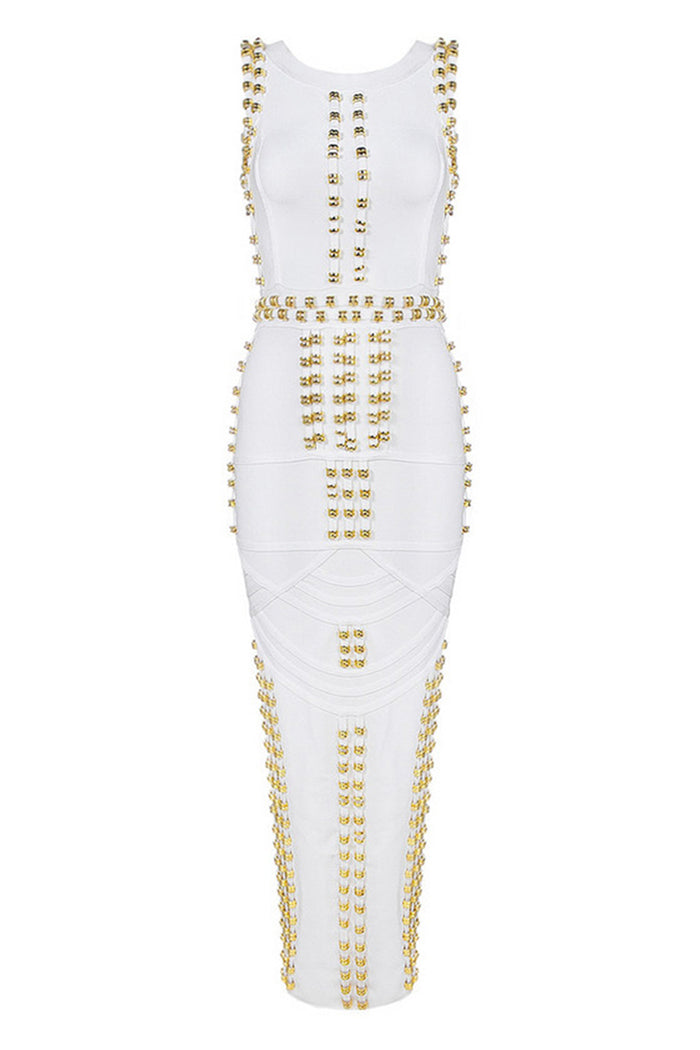 Black White Sleeveless Studded Beaded Long Maxi Bandage Dress - iulover