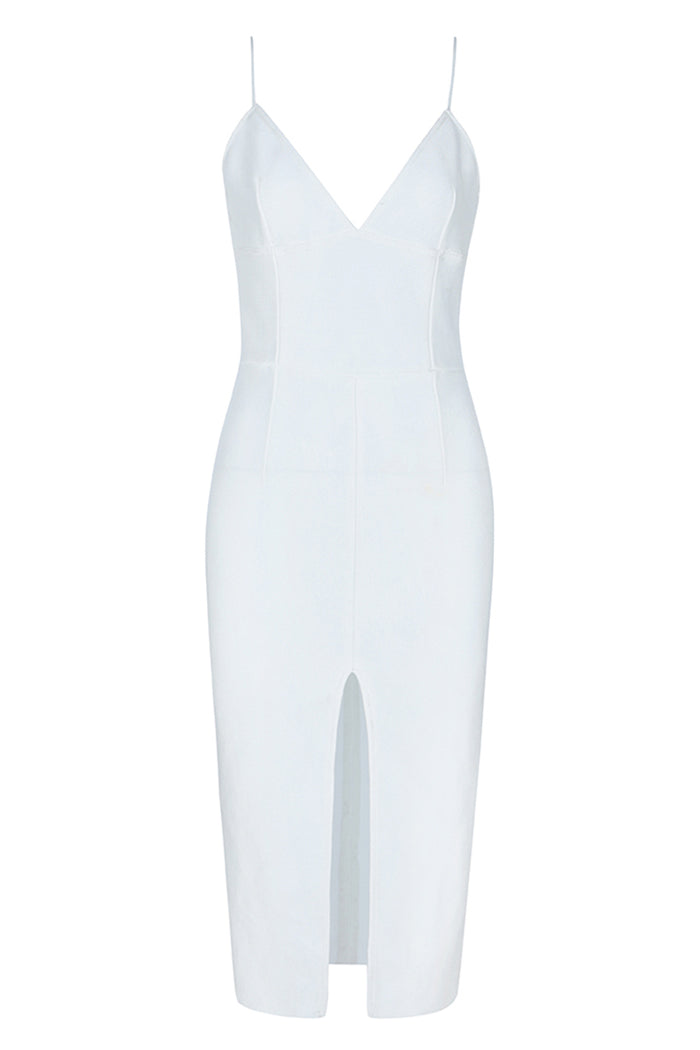 White Spaghetti Strap Deep V Midi Bandage Dress - iulover