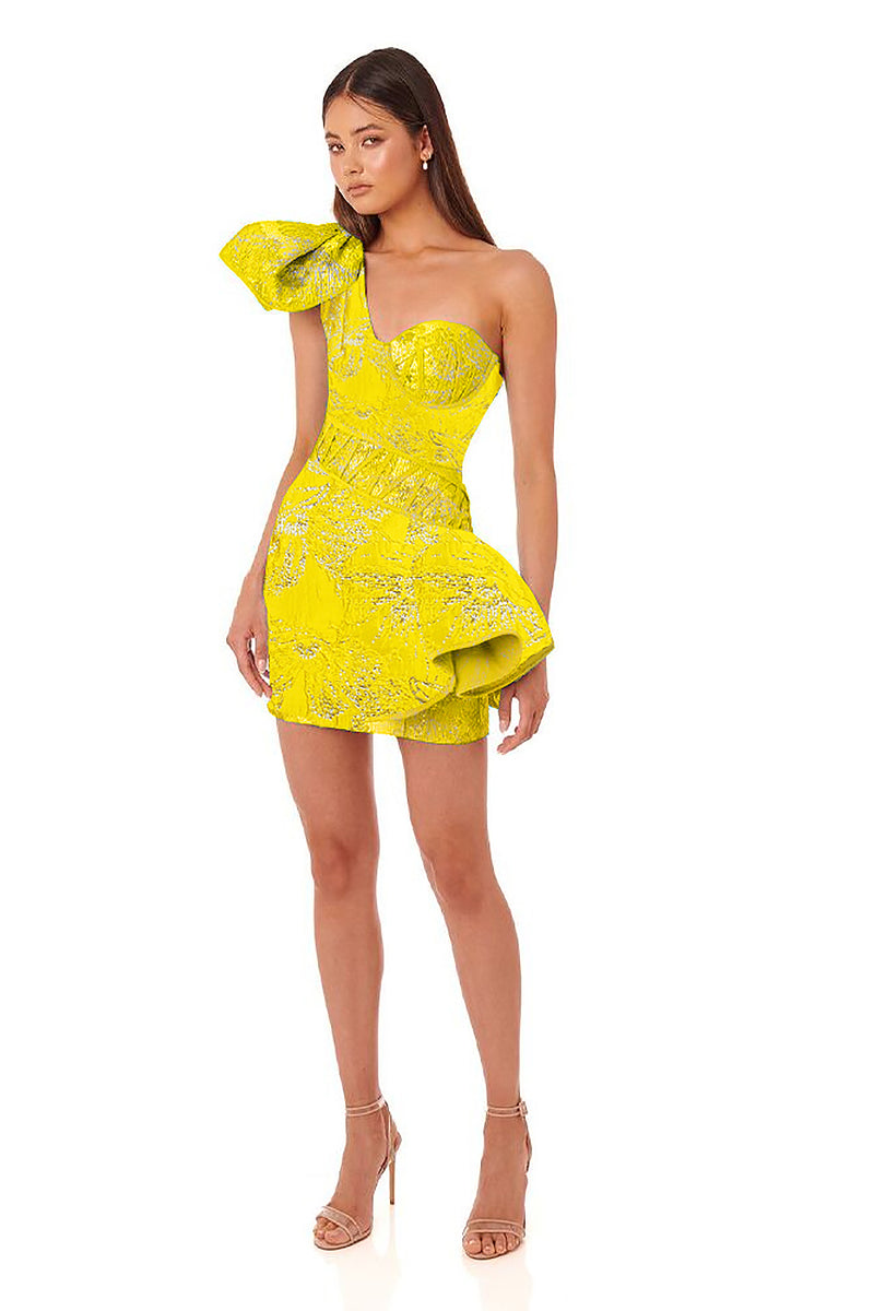 One Shoulder Print Ruffle Mini Dress In Blue Yellow
