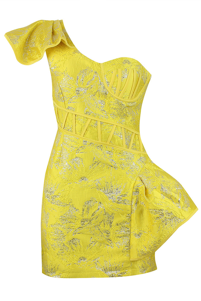 Minivestido com babado estampado de um ombro em azul amarelo