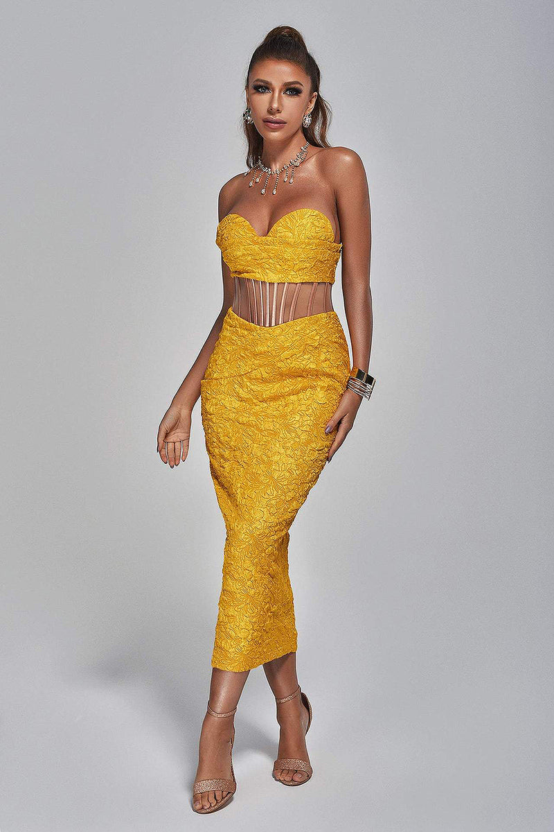Strapless Embroidery Slim Mesh Midi Dress In Sky Blue Yellow