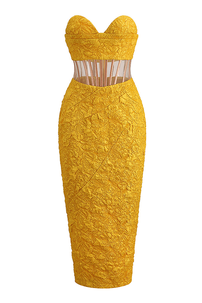 Strapless Embroidery Slim Mesh Midi Dress In Sky Blue Yellow