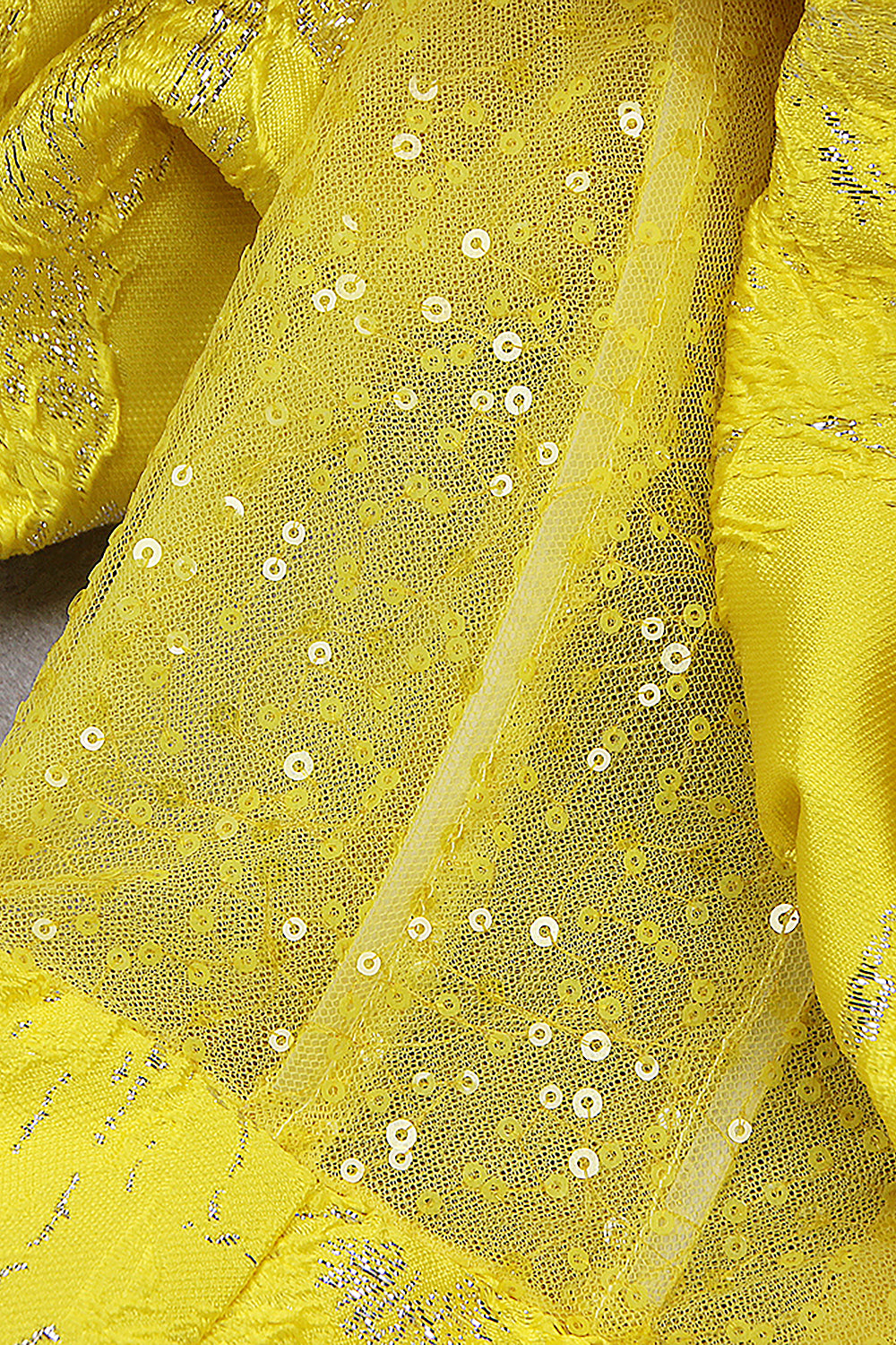 V-Neck Sequin Puff Sleeve Ruffle Midi Dress In Yellow