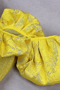 V-Neck Sequin Puff Sleeve Ruffle Midi Dress In Yellow