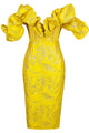 V-Neck Sequin Puff Sleeve Ruffle Midi Dress In Yellow