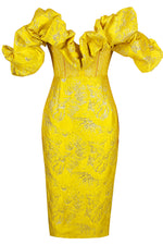 V-Neck Sequin Puff Sleeve Ruffle Midi Dress In Yellow Black