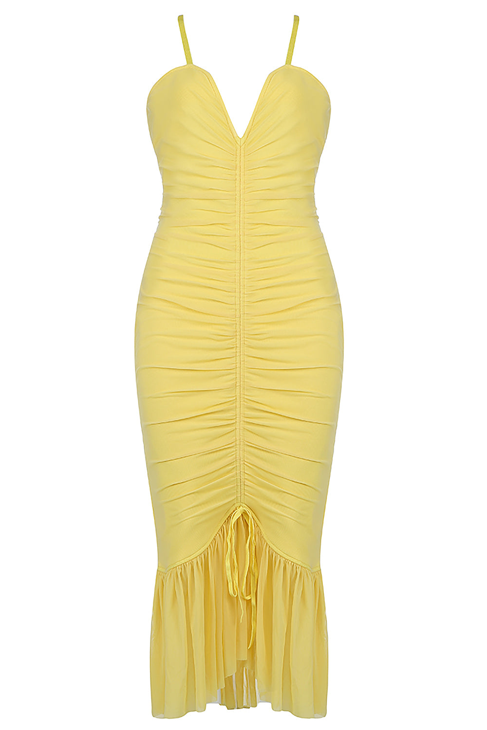 Yellow V-neck Strappy Pleated Midi Dresses
