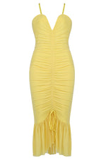 Yellow V-neck Strappy Pleated Midi Dresses