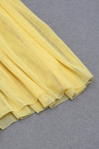 Vestidos midi amarelos com tiras e decote em V plissados